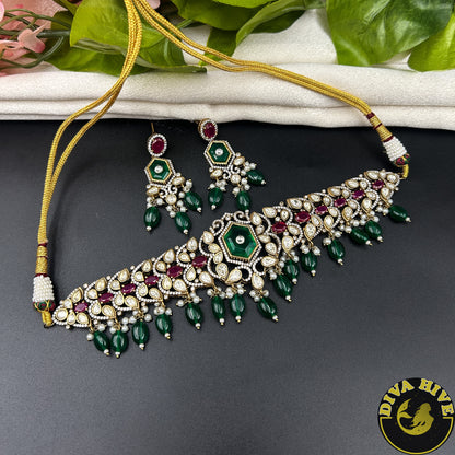 Raahat 24K Gold Plated Moissanite Doublet Choker - Necklace -["1 GM Gold","Diva Exclusive","Green","moissanite","Necklace"] - Divahive