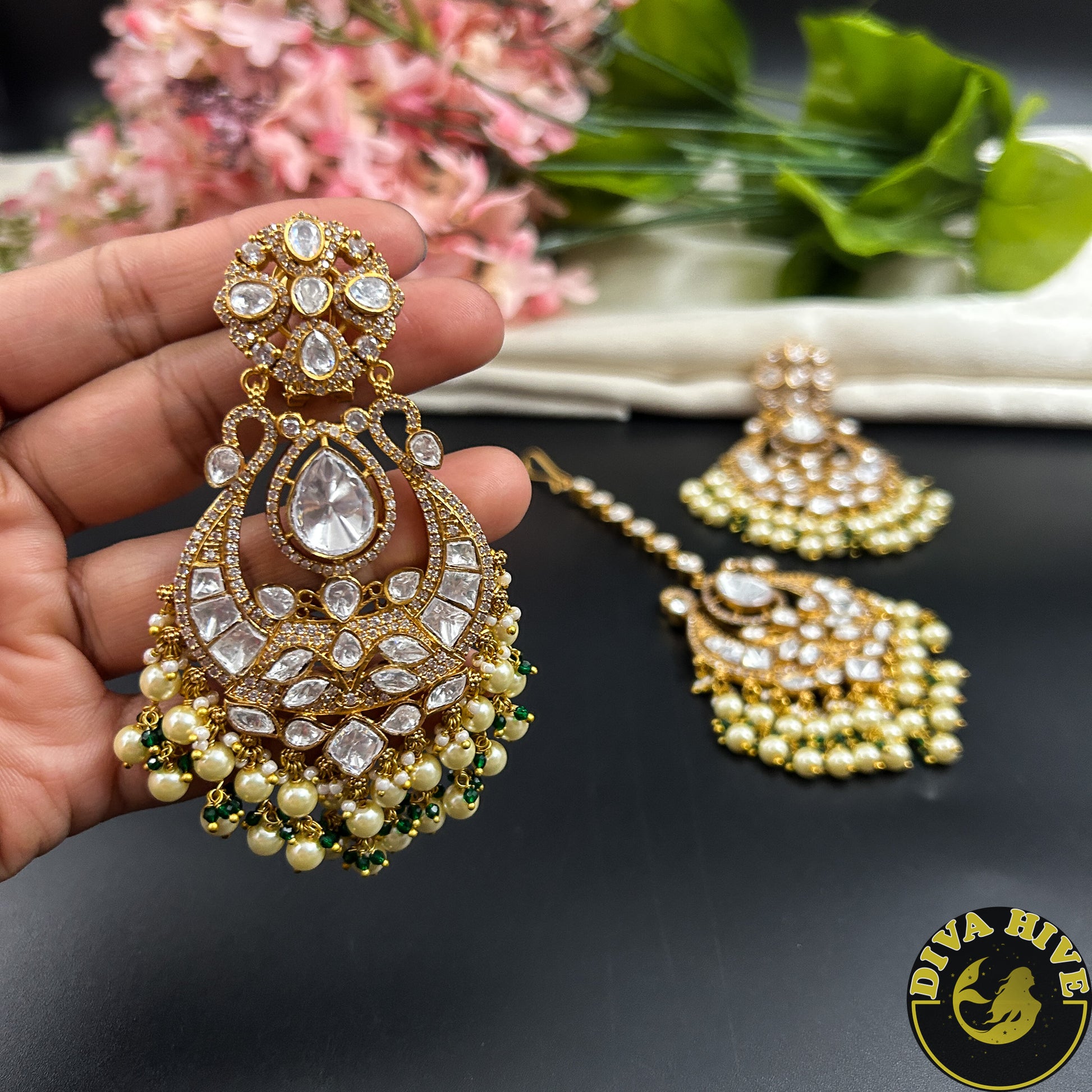 Aarzoo Chaandbali Moissanite Earring with Maangtika - Earring -["Diva Exclusive","Earring","moissanite"] - Divahive