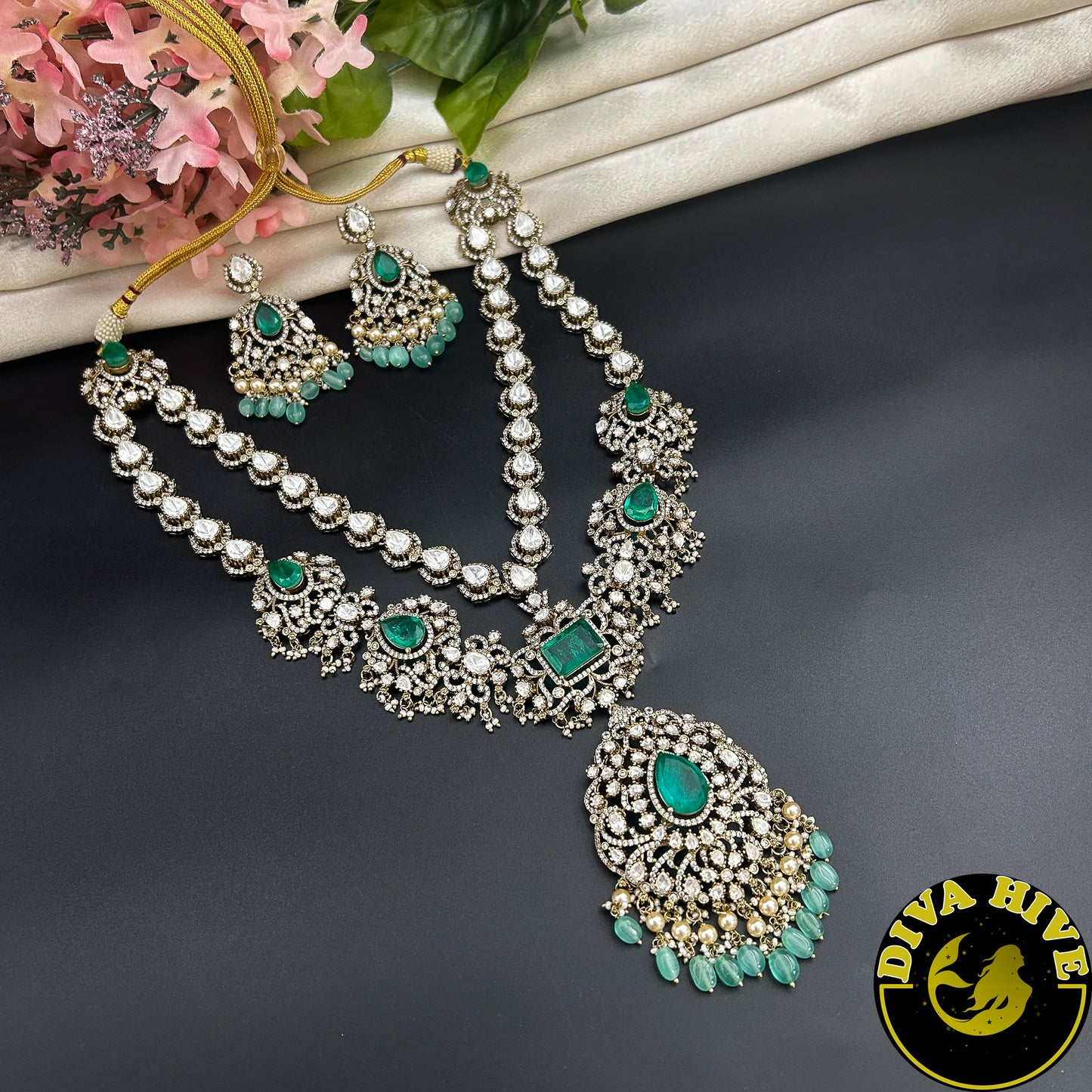 Pashmina Two Layered Moissanite Doublet Necklace Set -  -["24K Gold Plated","Diva Exclusive","featured","Kundan","Necklace"] - Divahive