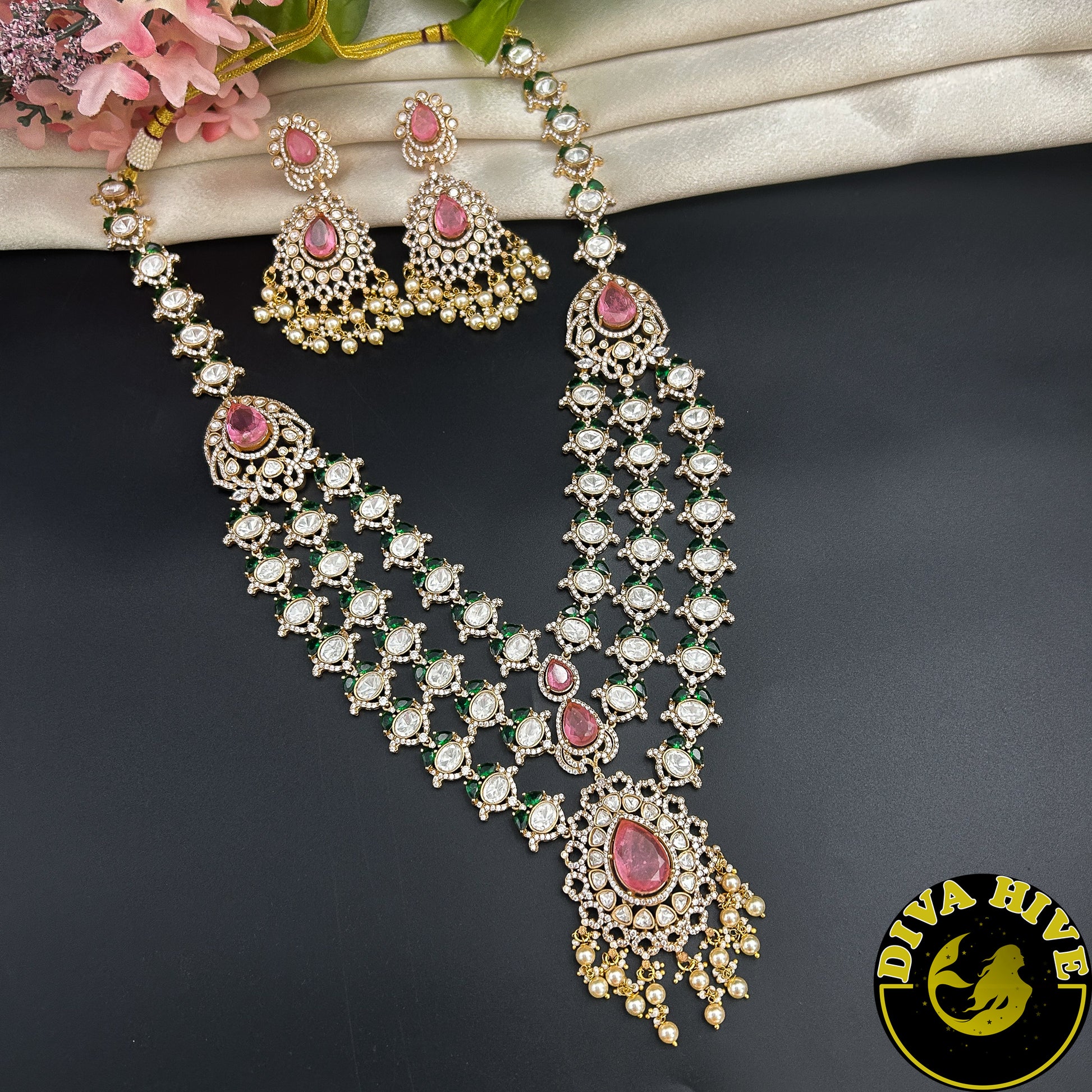Pashmina Three Layered Moissanite Doublet Necklace Set -  -["24K Gold Plated","Diva Exclusive","featured","Kundan","Necklace"] - Divahive