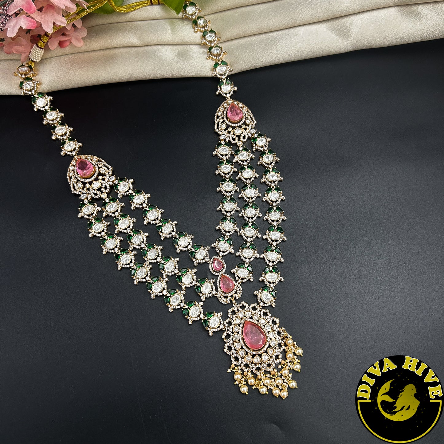 Pashmina Three Layered Moissanite Doublet Necklace Set -  -["24K Gold Plated","Diva Exclusive","featured","Kundan","Necklace"] - Divahive
