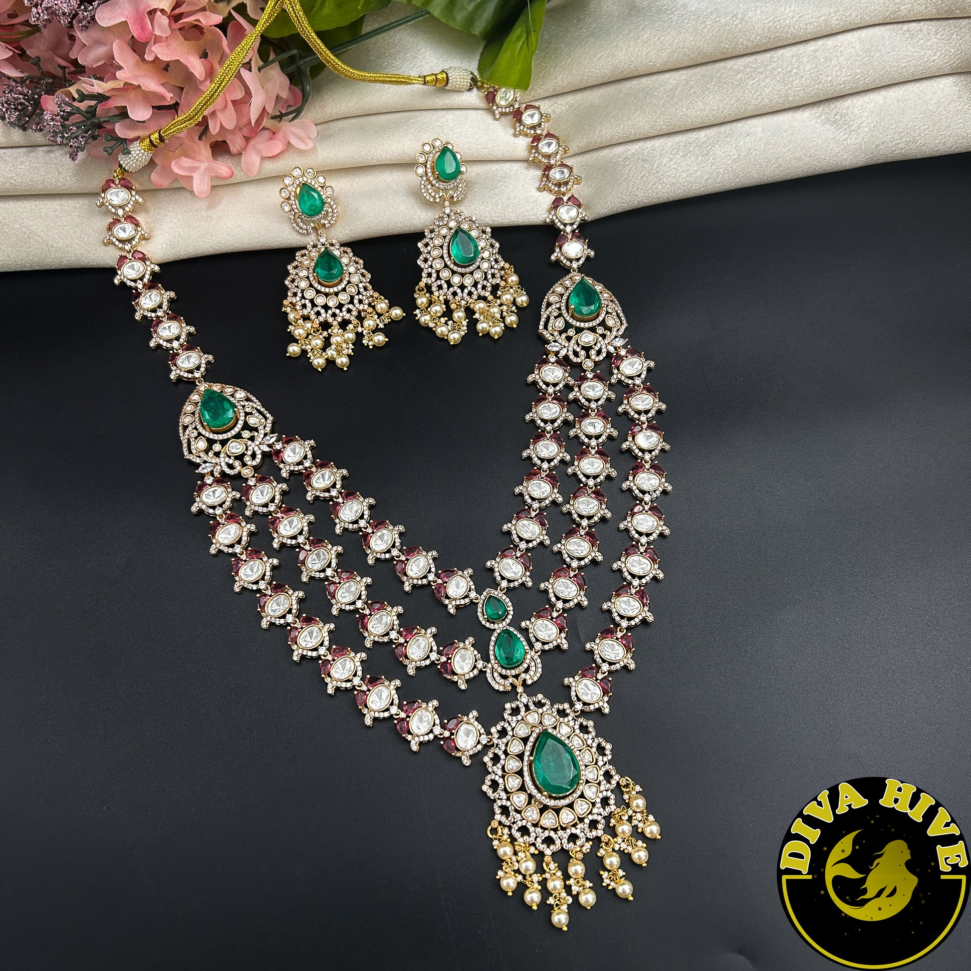 Pashmina Three Layered Moissanite Doublet Necklace Set -  -["24K Gold Plated","Diva Exclusive","featured","Kundan","Necklace"] - Divahive