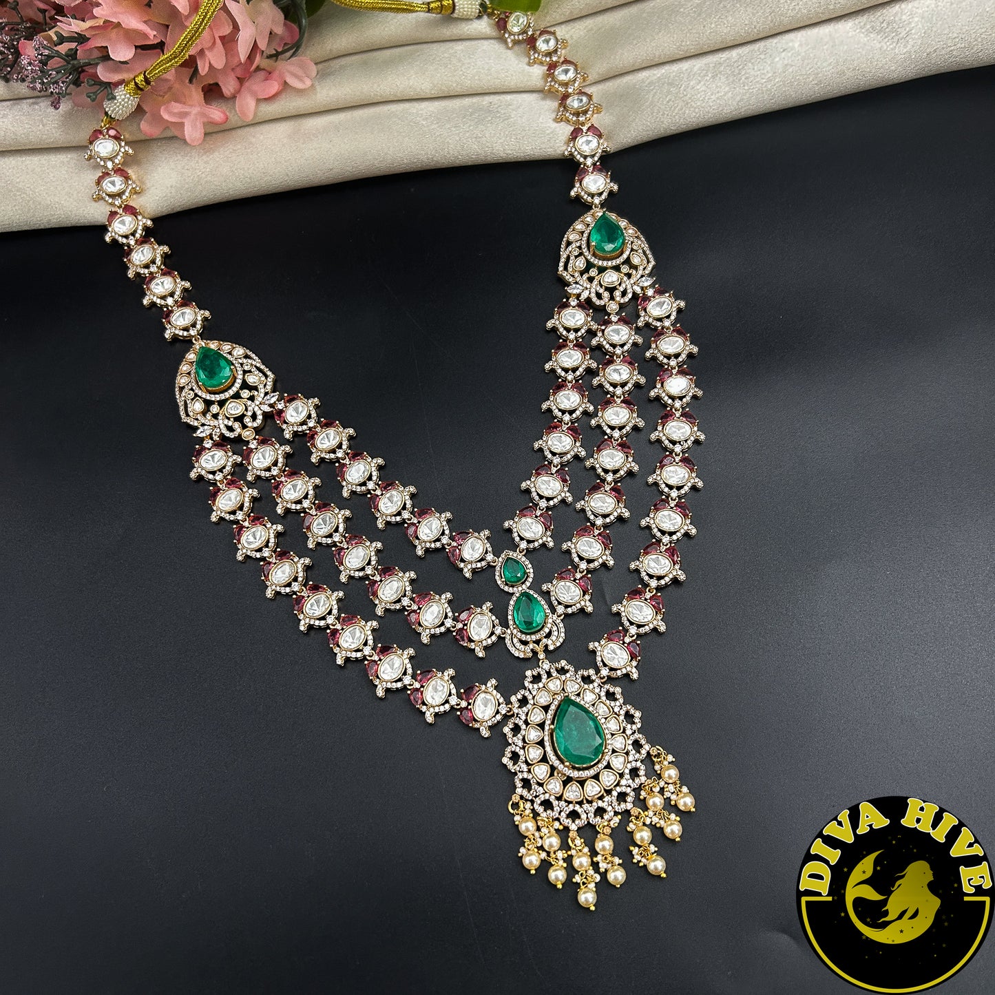 Pashmina Three Layered Moissanite Doublet Necklace Set -  -["24K Gold Plated","Diva Exclusive","featured","Kundan","Necklace"] - Divahive