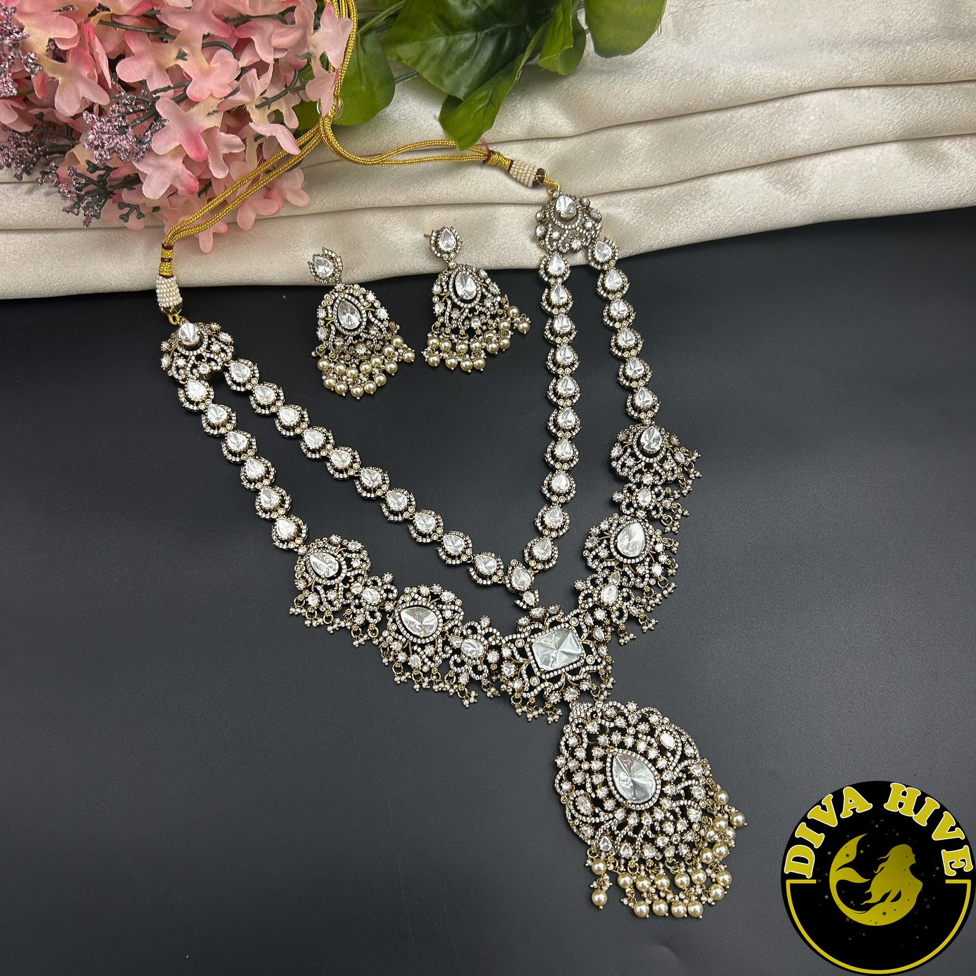 Pashmina Two Layered Moissanite Doublet Necklace Set -  -["24K Gold Plated","Diva Exclusive","featured","Kundan","Necklace"] - Divahive