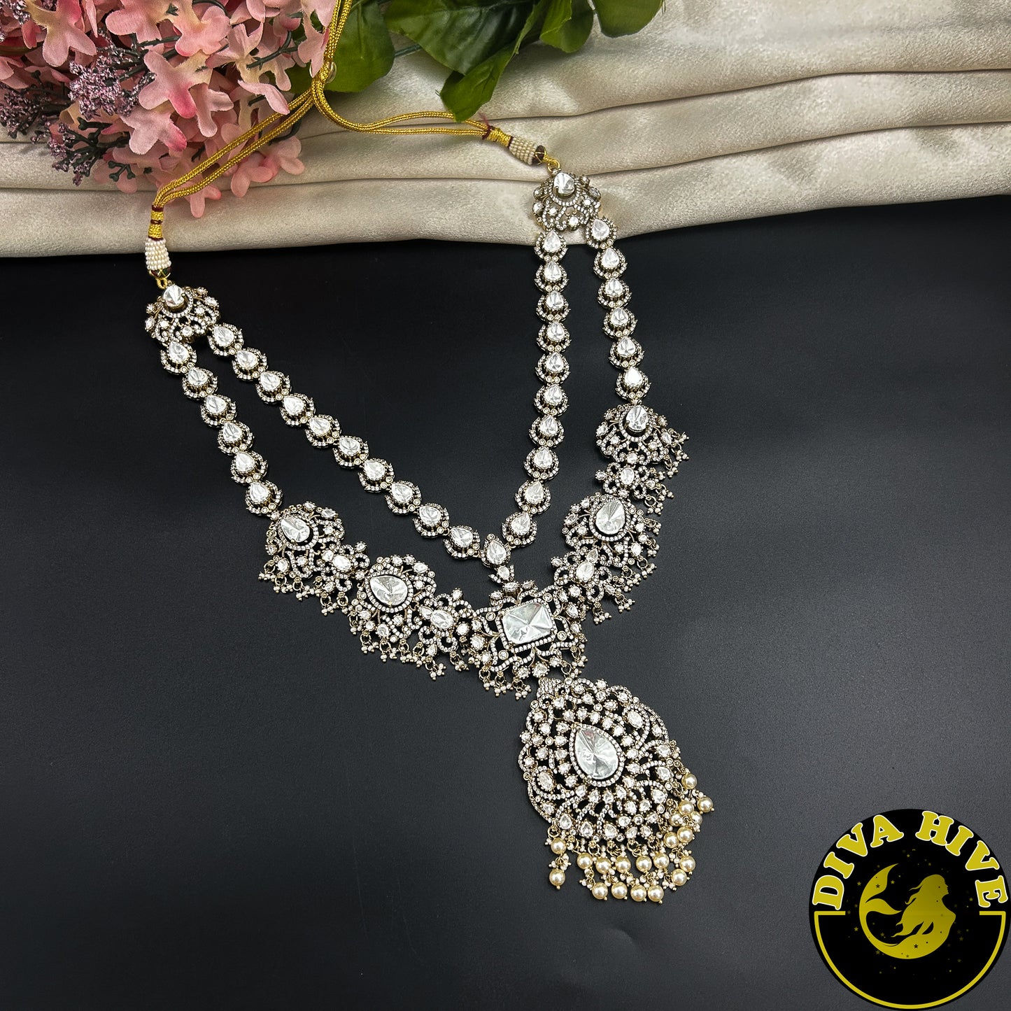 Pashmina Two Layered Moissanite Doublet Necklace Set -  -["24K Gold Plated","Diva Exclusive","featured","Kundan","Necklace"] - Divahive