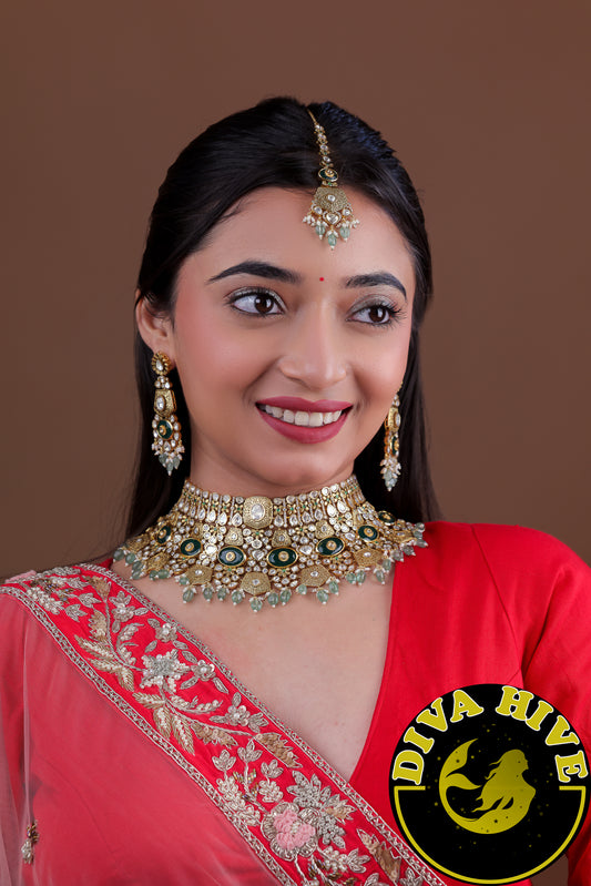 Noor 22K Gold Plated Moissanite Bridal/Semi Bridal Choker Necklace Set