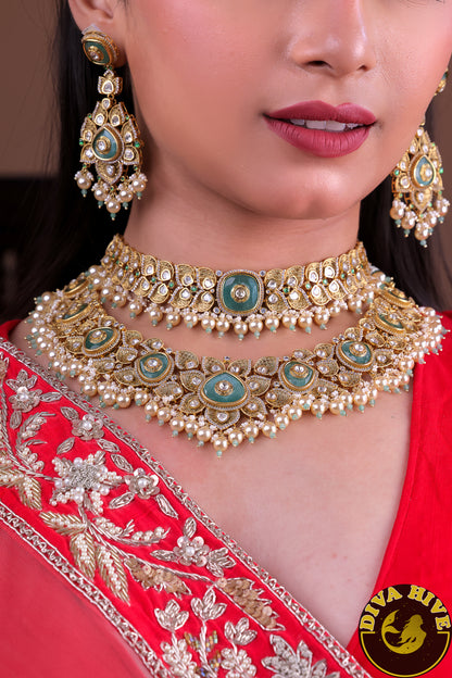 Noor Two Layer 22K Gold Plated Moissanite Bridal/Semi Bridal Choker Necklace Set