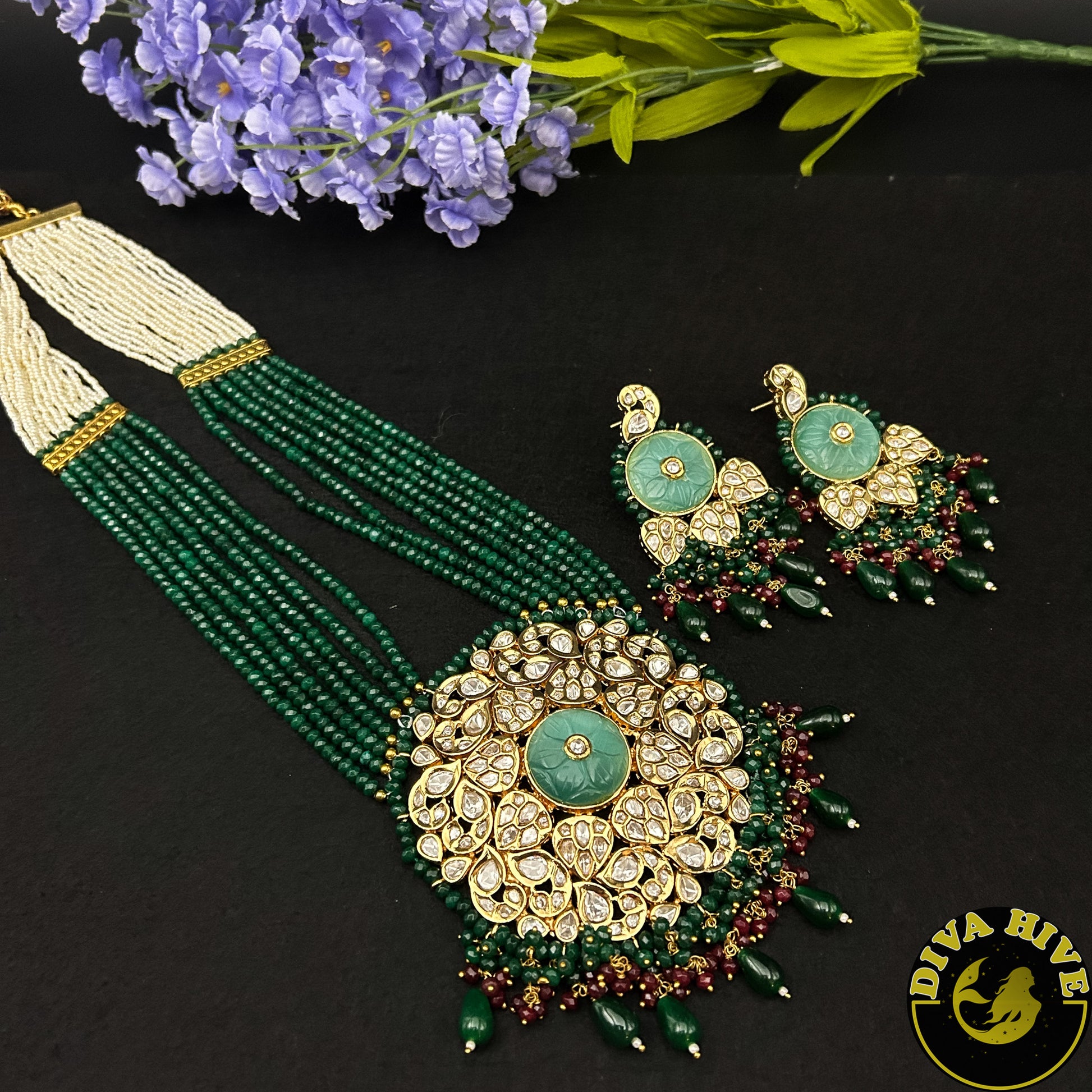 Diva Statement Long Necklace -  -carved stone, Kundan, Necklace, pachi kundan - Divahive