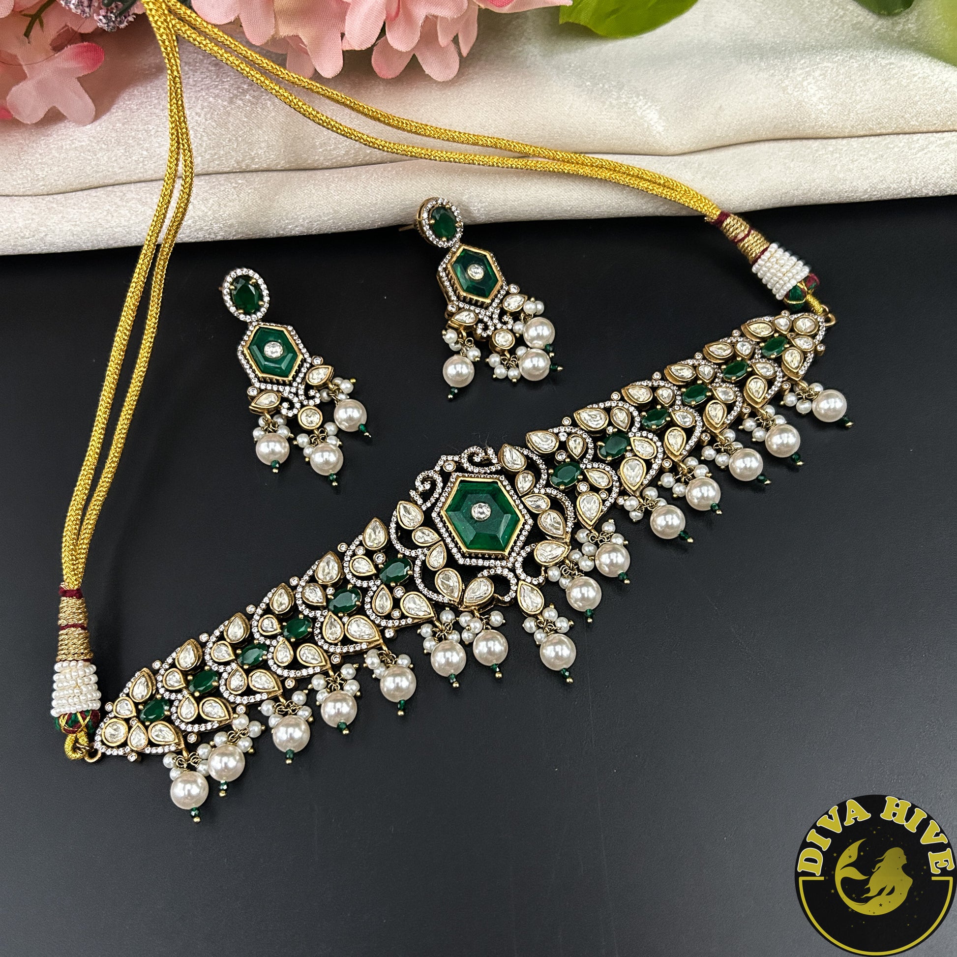 Raahat 24K Gold Plated Moissanite Doublet Choker - Necklace -["1 GM Gold","Diva Exclusive","Green","moissanite","Necklace"] - Divahive