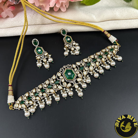 Raahat 24K Gold Plated Moissanite Doublet Choker - Necklace -["1 GM Gold","Diva Exclusive","Green","moissanite","Necklace"] - Divahive
