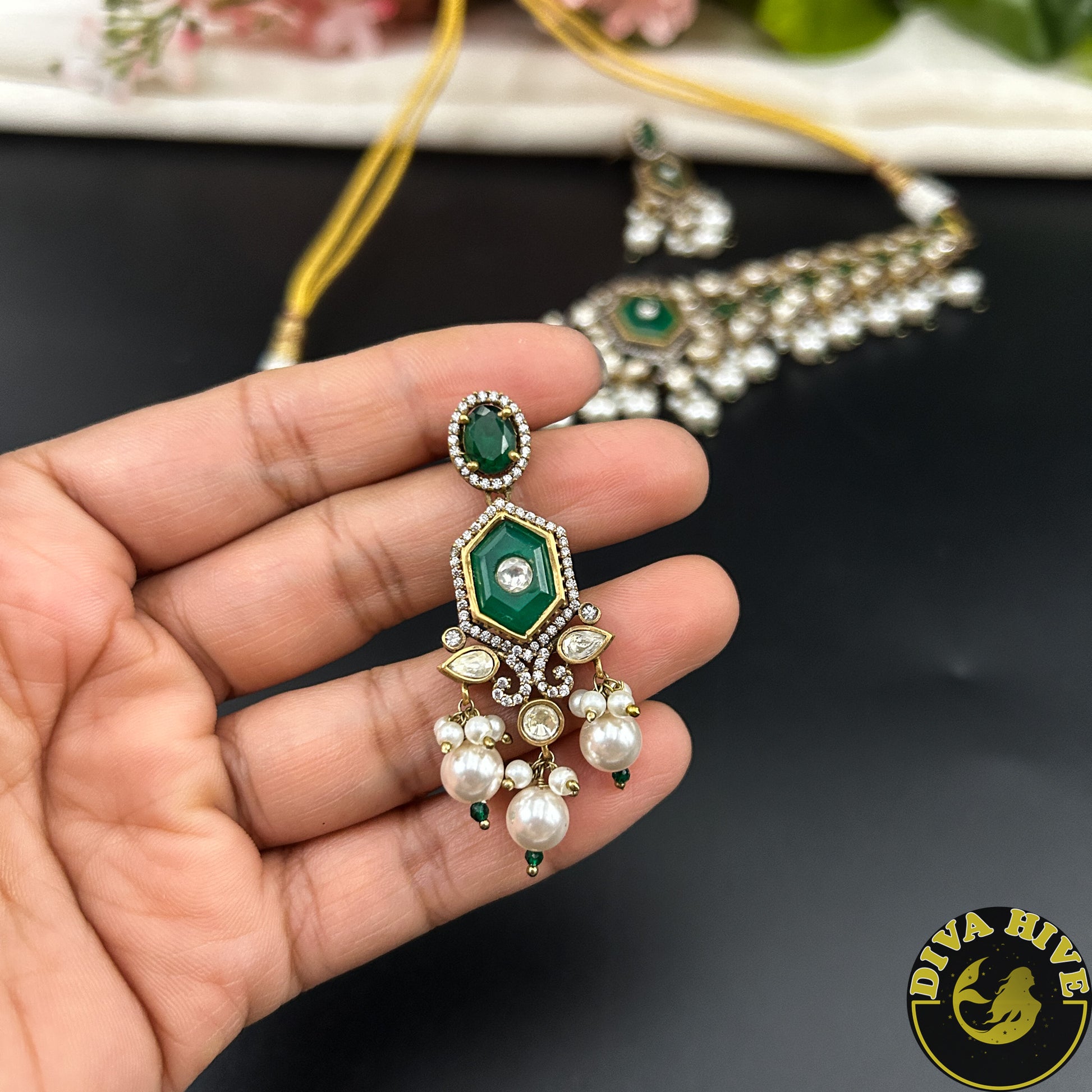 Raahat 24K Gold Plated Moissanite Doublet Choker - Necklace -["1 GM Gold","Diva Exclusive","Green","moissanite","Necklace"] - Divahive