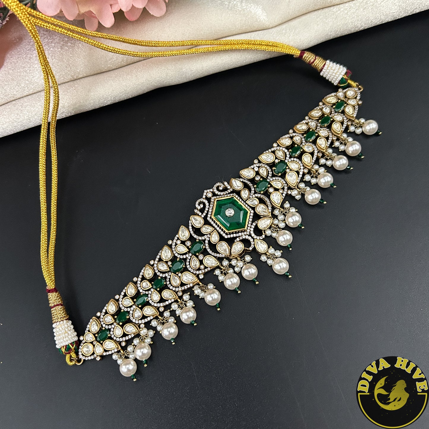 Raahat 24K Gold Plated Moissanite Doublet Choker - Necklace -["1 GM Gold","Diva Exclusive","Green","moissanite","Necklace"] - Divahive