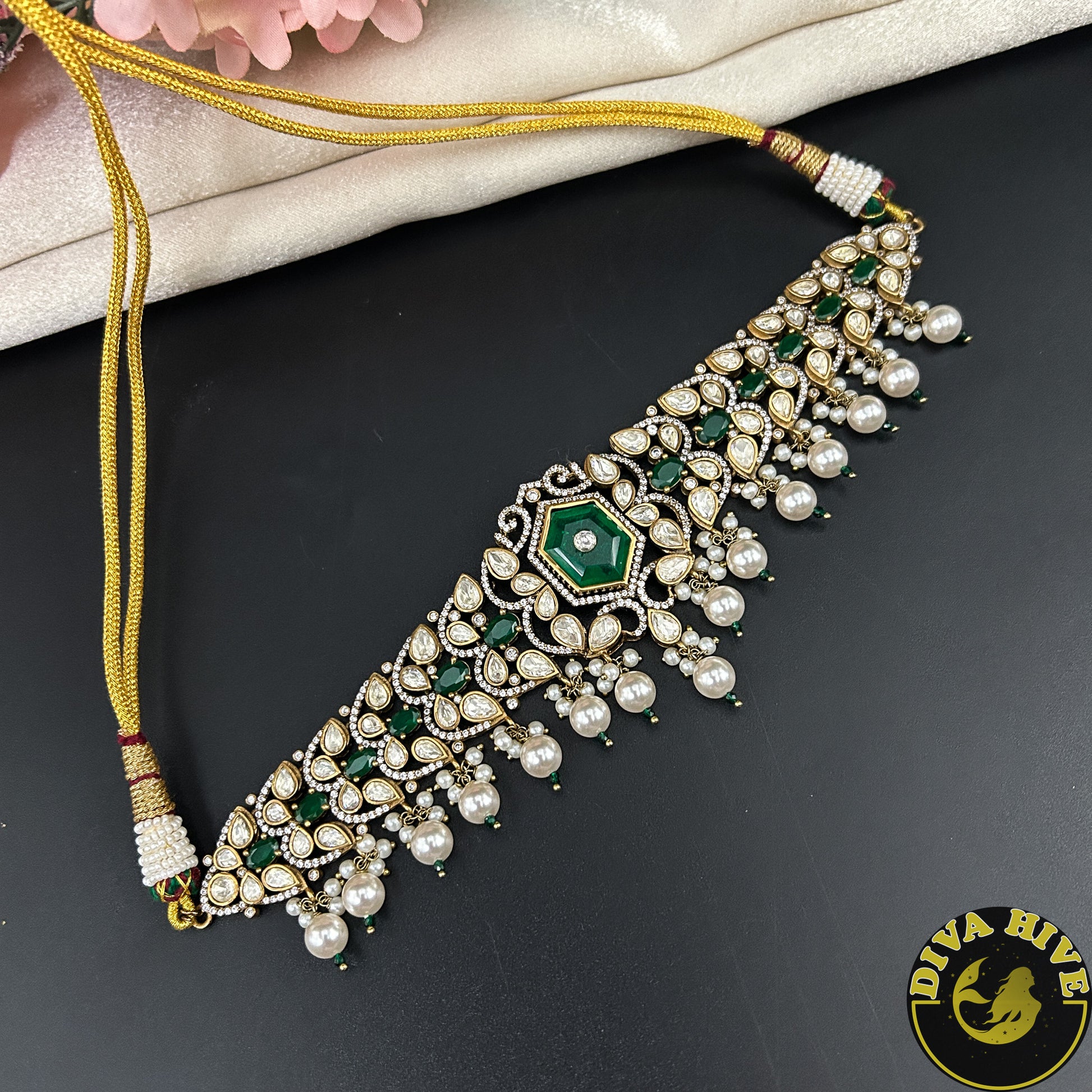 Raahat 24K Gold Plated Moissanite Doublet Choker - Necklace -["1 GM Gold","Diva Exclusive","Green","moissanite","Necklace"] - Divahive