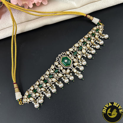 Raahat 24K Gold Plated Moissanite Doublet Choker - Necklace -["1 GM Gold","Diva Exclusive","Green","moissanite","Necklace"] - Divahive