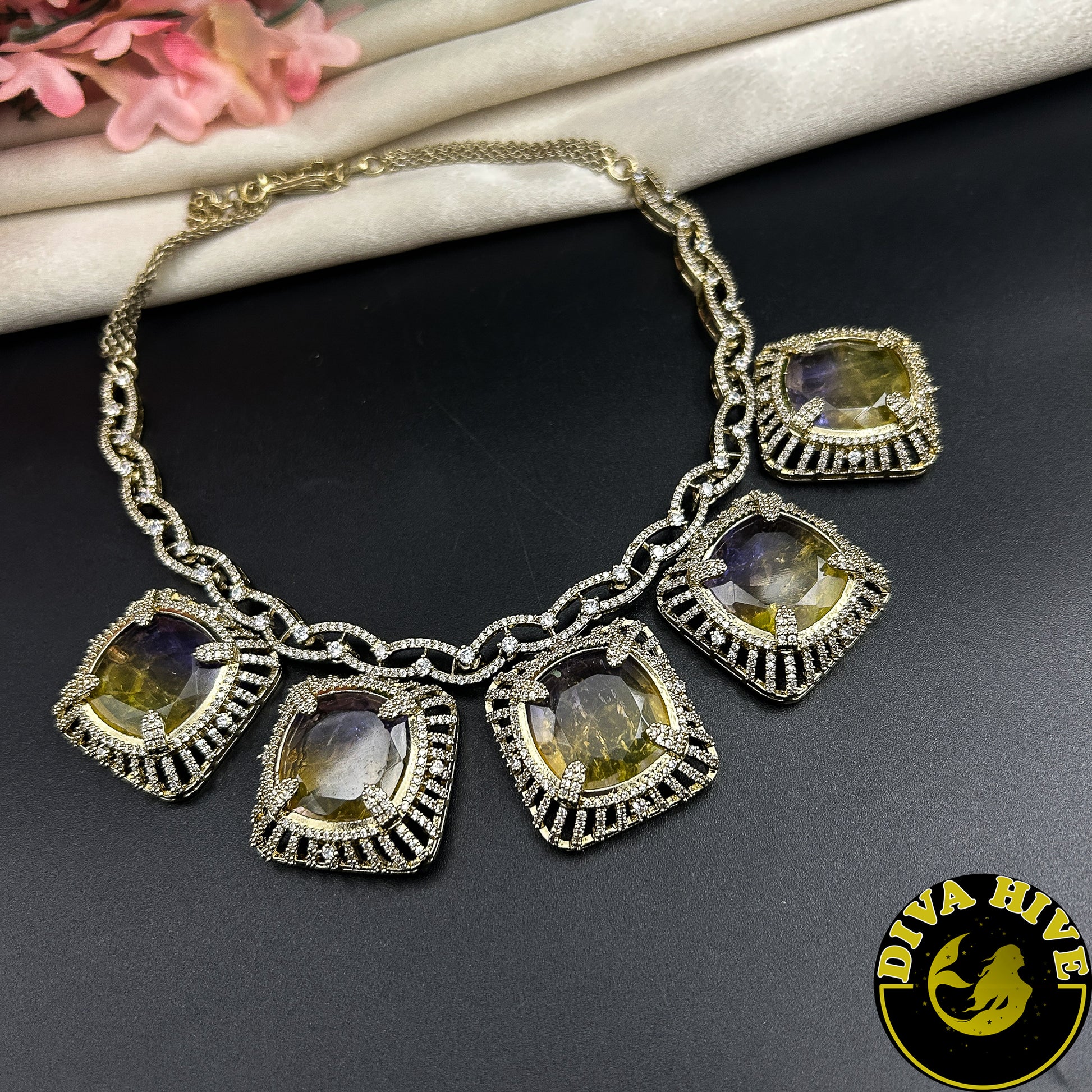 Ziya Stone Choker Set - Necklace -Choker, Doublet, Kundan, moissanite, Necklace - Divahive