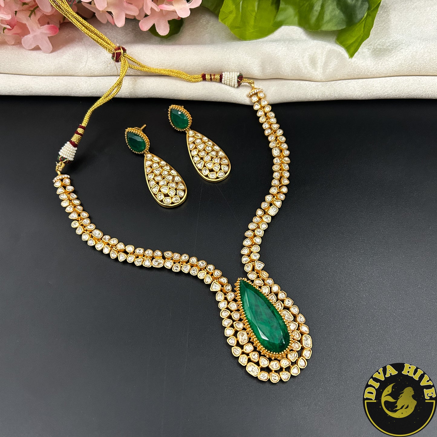 Noor 24K Gold Plated Moissanite Doublet Necklace - Necklace -["1 GM Gold","Diva Exclusive","Green","moissanite","Necklace"] - Divahive