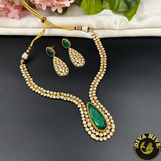 Noor 24K Gold Plated Moissanite Doublet Necklace - Necklace -["1 GM Gold","Diva Exclusive","Green","moissanite","Necklace"] - Divahive