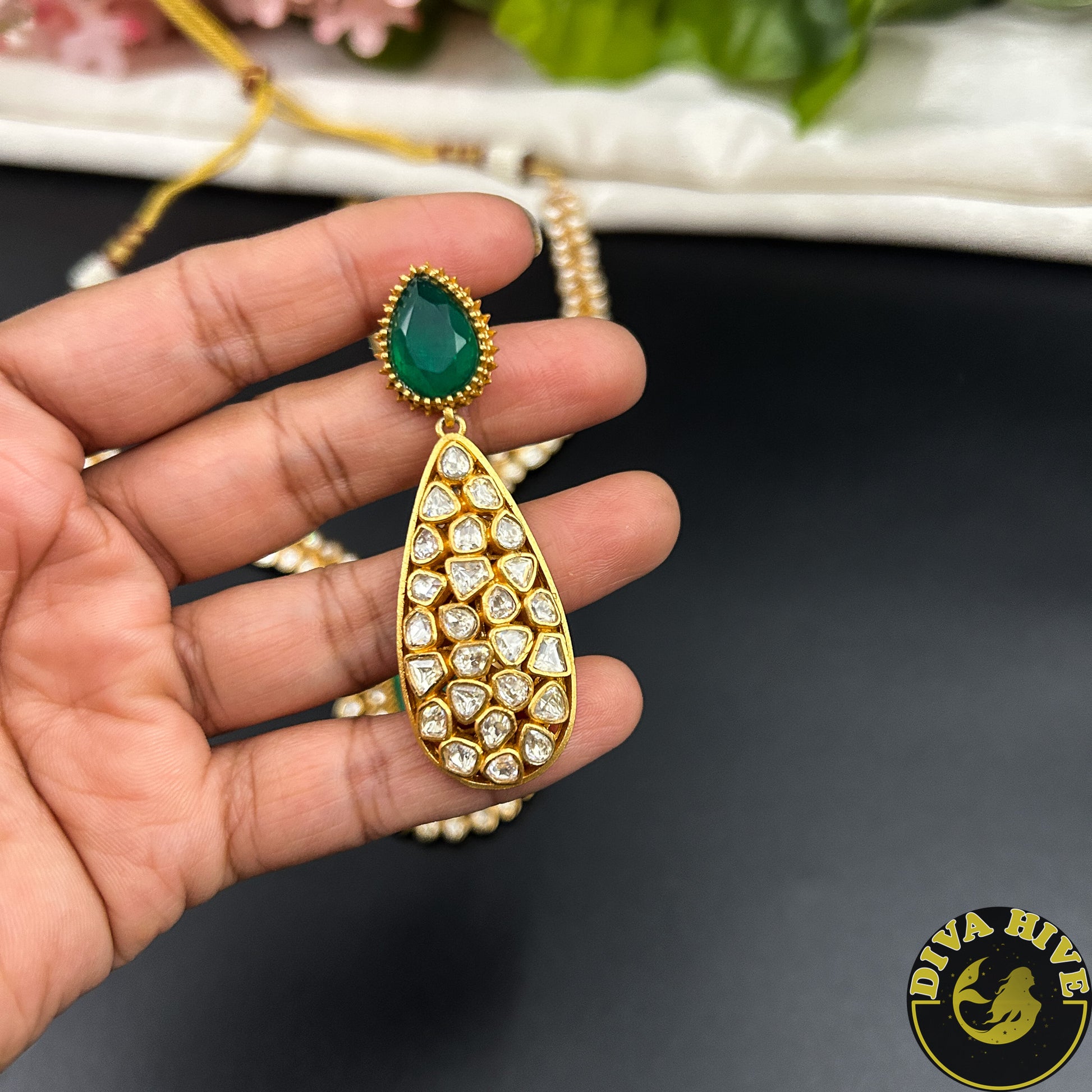 Noor 24K Gold Plated Moissanite Doublet Necklace - Necklace -["1 GM Gold","Diva Exclusive","Green","moissanite","Necklace"] - Divahive