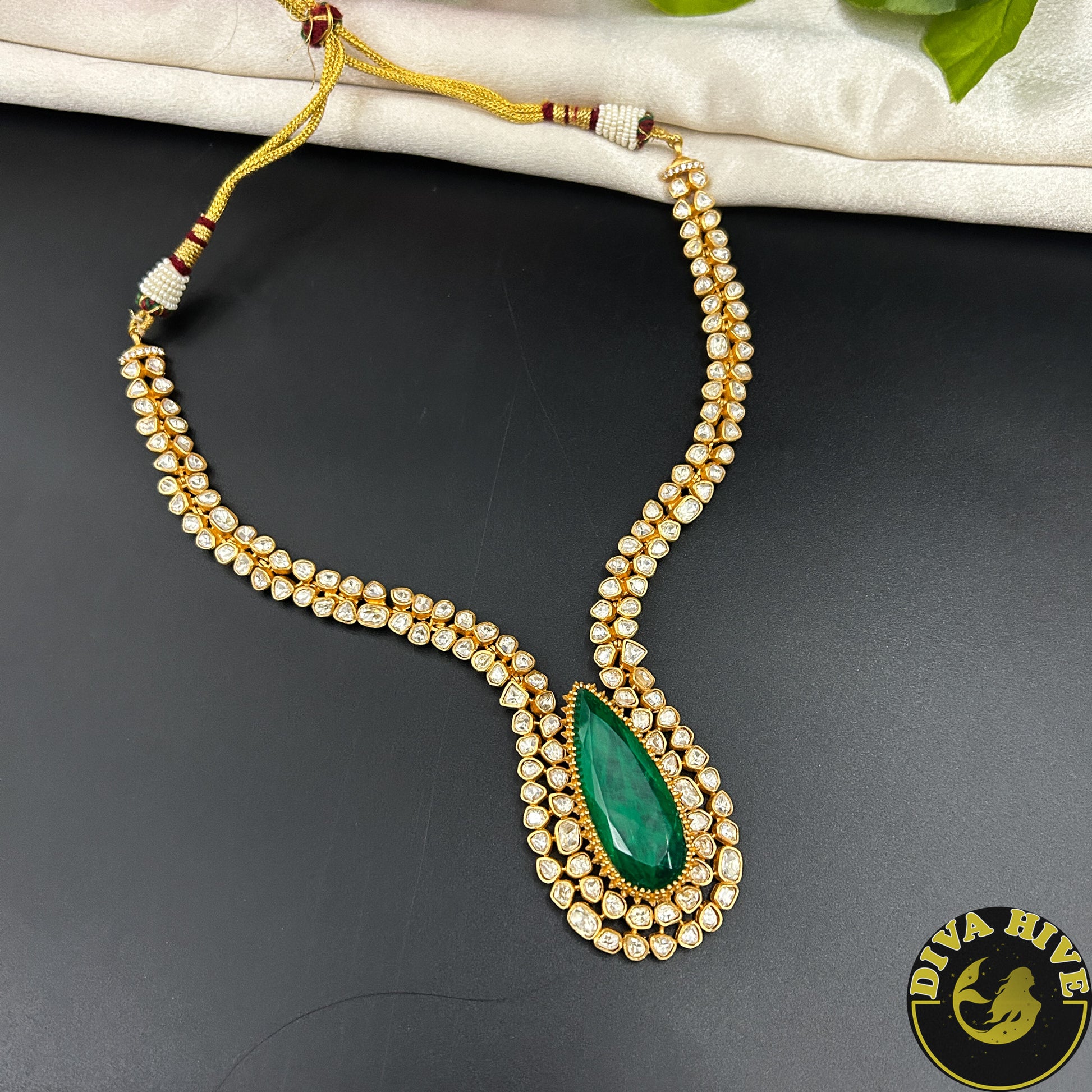 Noor 24K Gold Plated Moissanite Doublet Necklace - Necklace -["1 GM Gold","Diva Exclusive","Green","moissanite","Necklace"] - Divahive