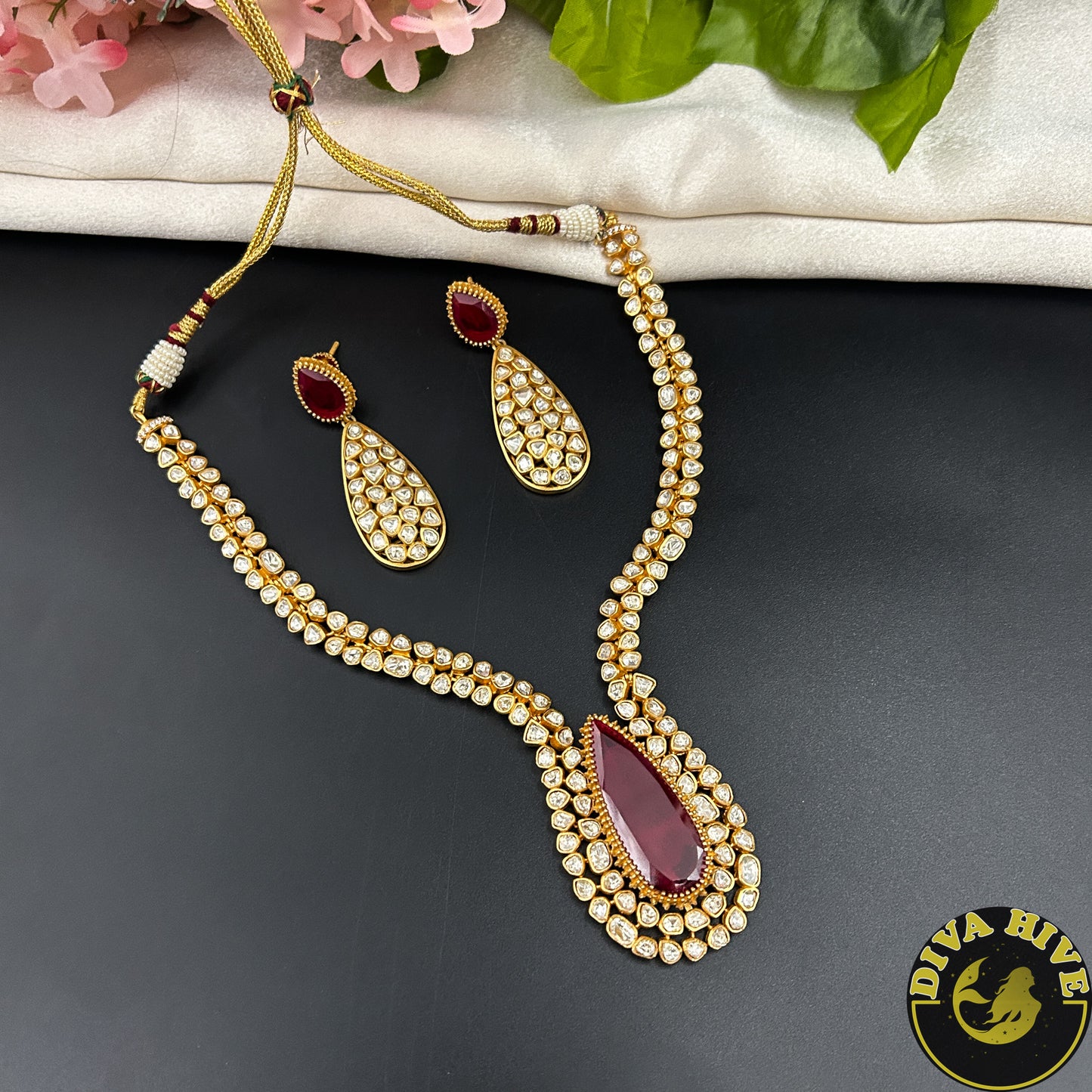 Noor 24K Gold Plated Moissanite Doublet Necklace - Necklace -["1 GM Gold","Diva Exclusive","Green","moissanite","Necklace"] - Divahive