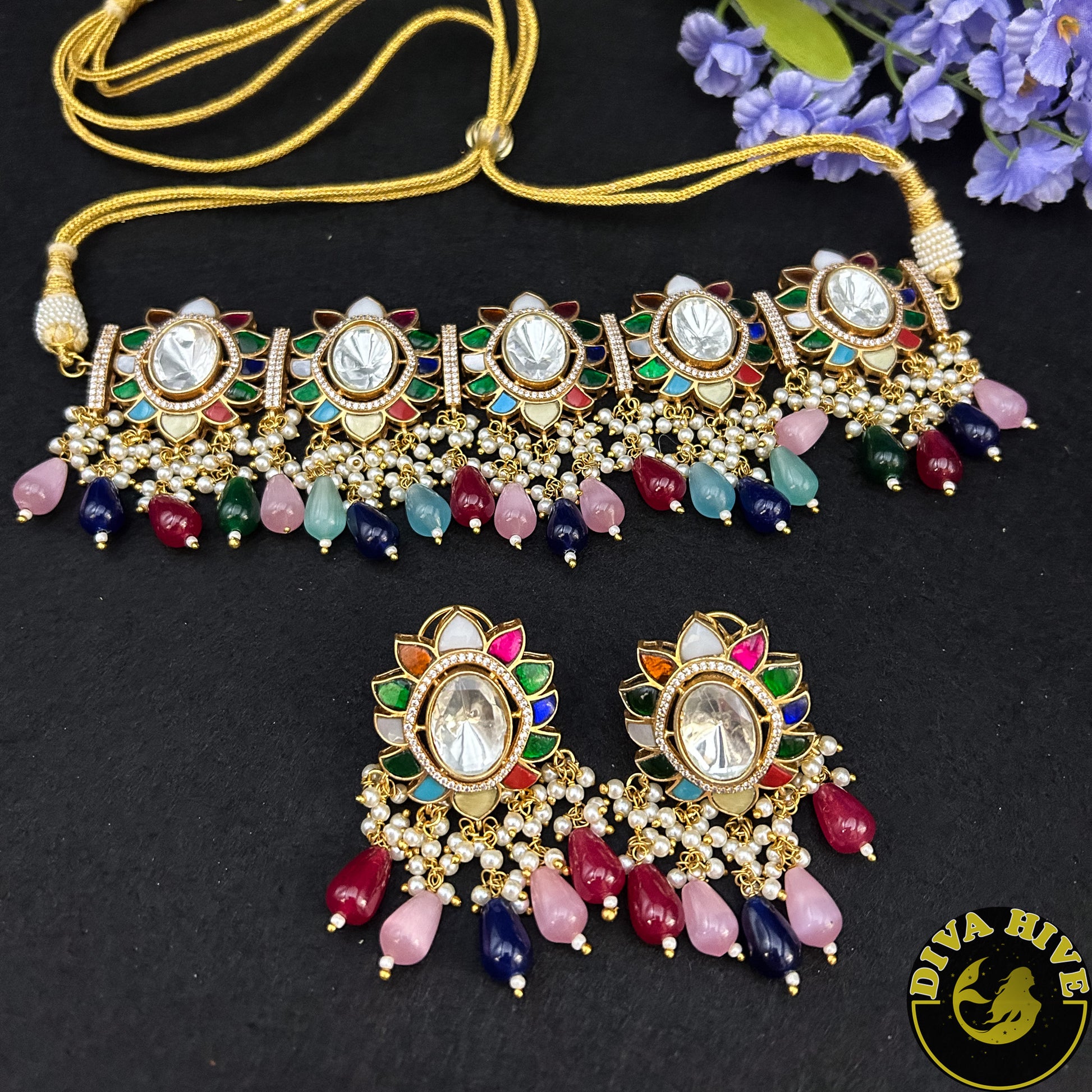 Diva exclusive uncut Kundan Navratan choker - Necklace -Diva Exclusive, Doublet, featured, Kundan, Navratan, Necklace - Divahive