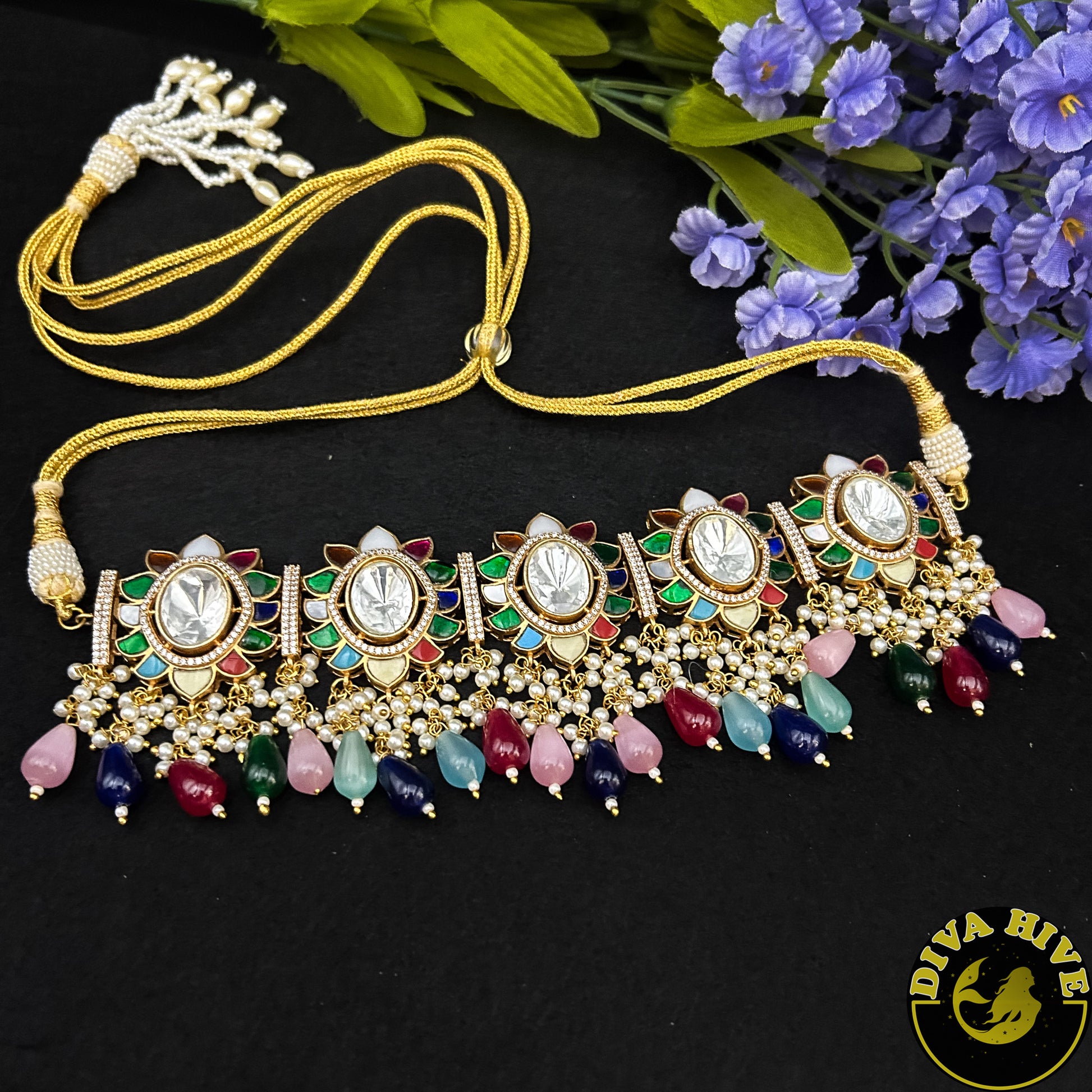 Diva exclusive uncut Kundan Navratan choker - Necklace -Diva Exclusive, Doublet, featured, Kundan, Navratan, Necklace - Divahive