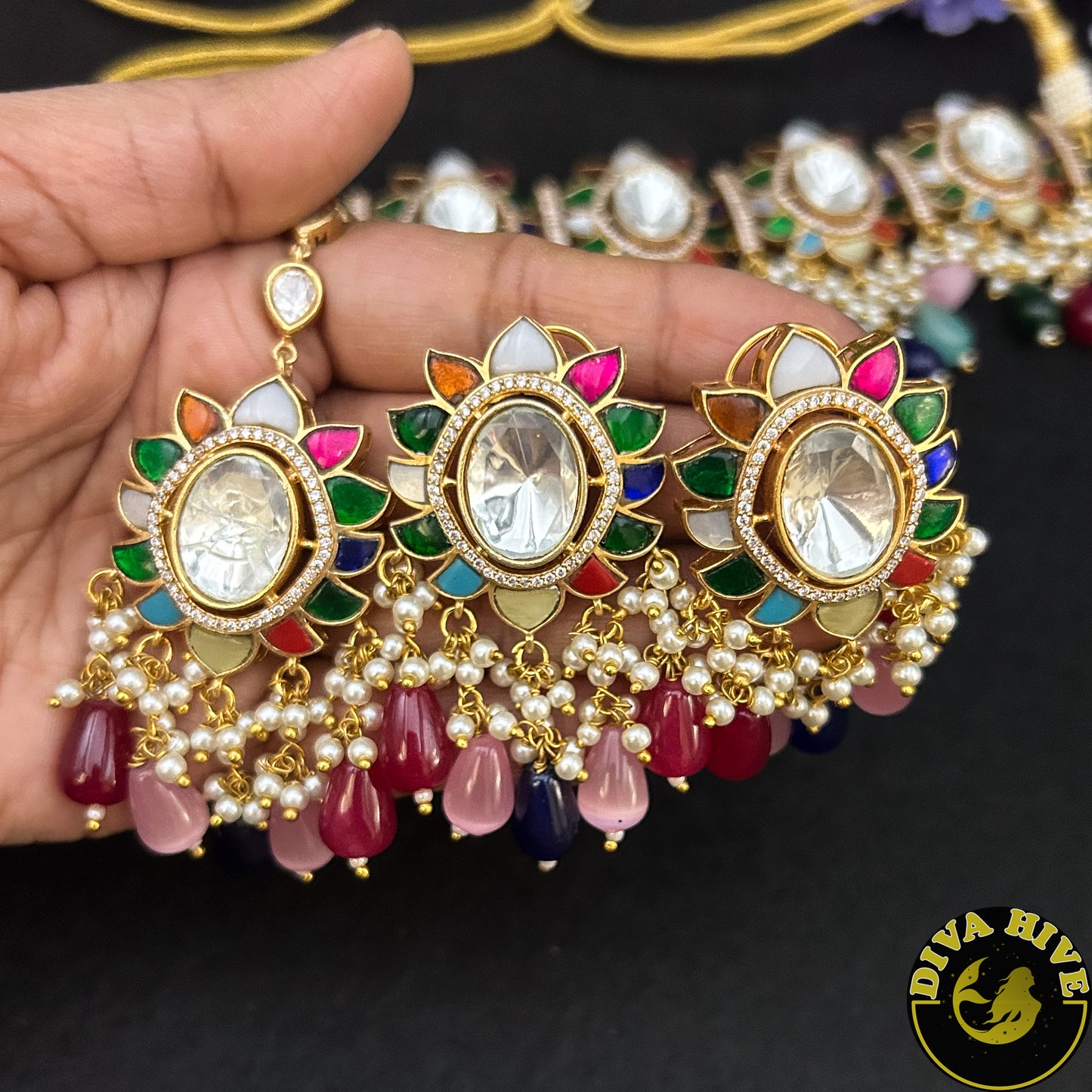 Diva exclusive uncut Kundan Navratan choker - Necklace -Diva Exclusive, Doublet, featured, Kundan, Navratan, Necklace - Divahive