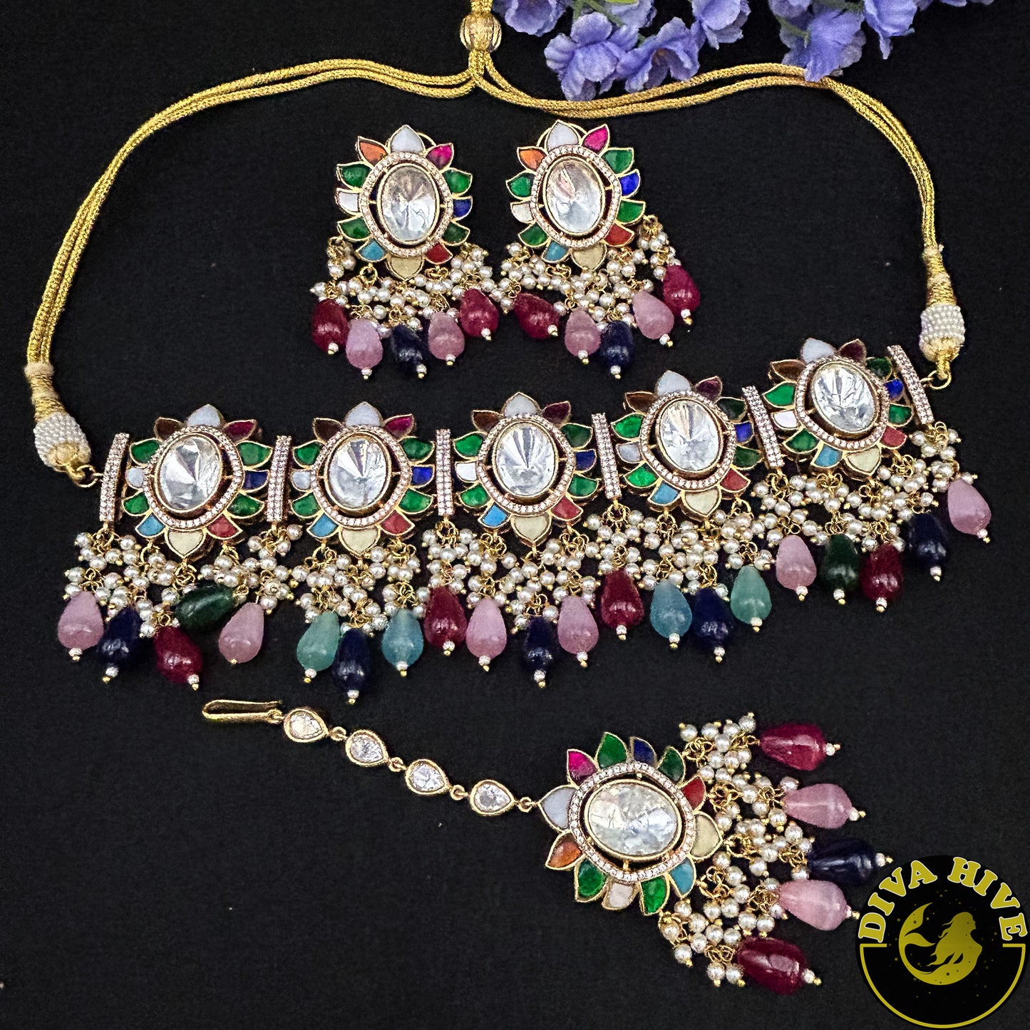 Diva exclusive uncut Kundan Navratan choker - Necklace -Diva Exclusive, Doublet, featured, Kundan, Navratan, Necklace - Divahive