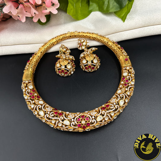 Moh 22k  Gold Plated Moissanite Hasli - Necklace -["1 GM Gold","Diva Exclusive","Green","moissanite","Necklace"] - Divahive