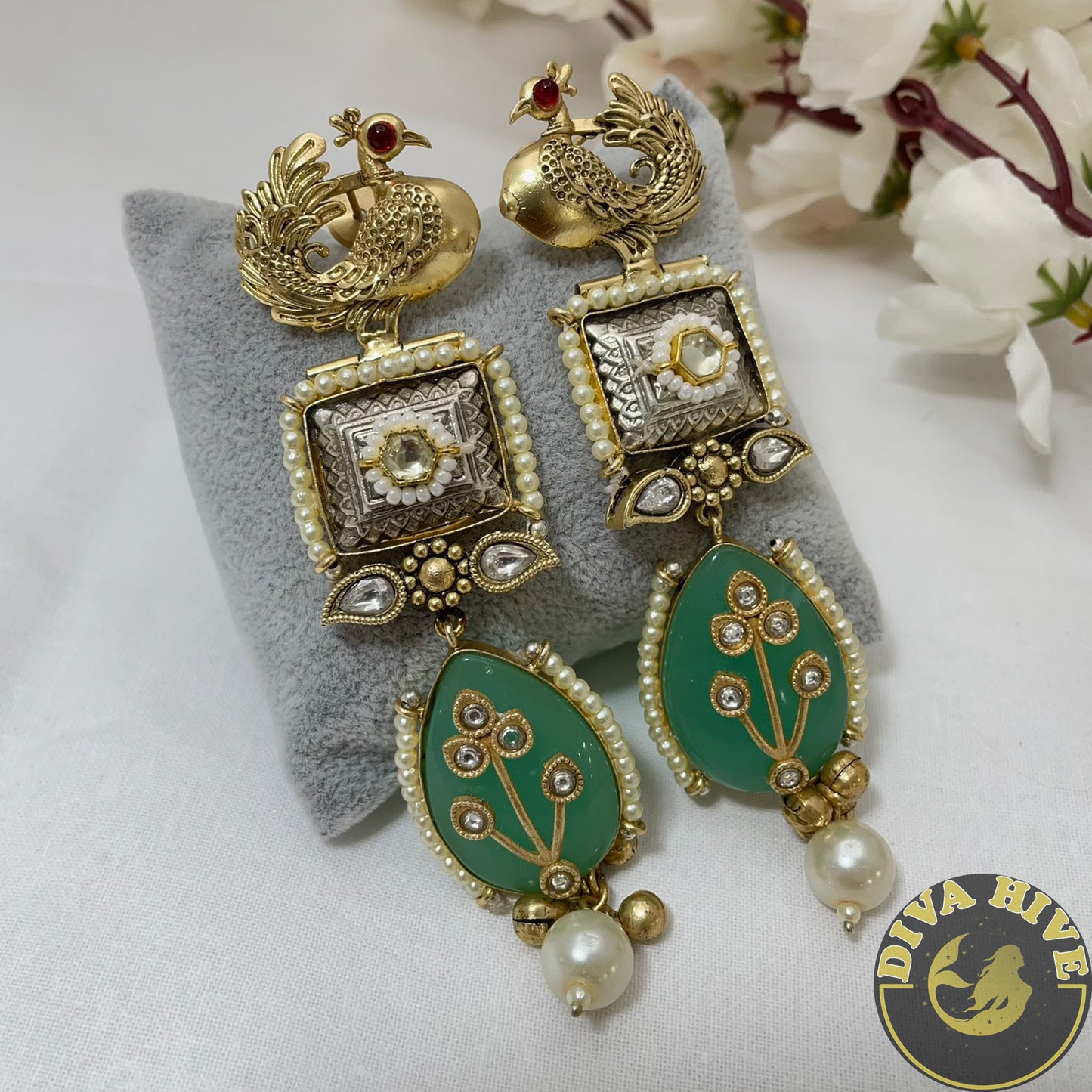 Meenakari Peacock Embossed Earring | Diva Exclusive Earring | Silver Earring - Earring -925Silver, Diva Exclusive, Earing, Earring, Fusion, Jhumka, Silver - Divahive