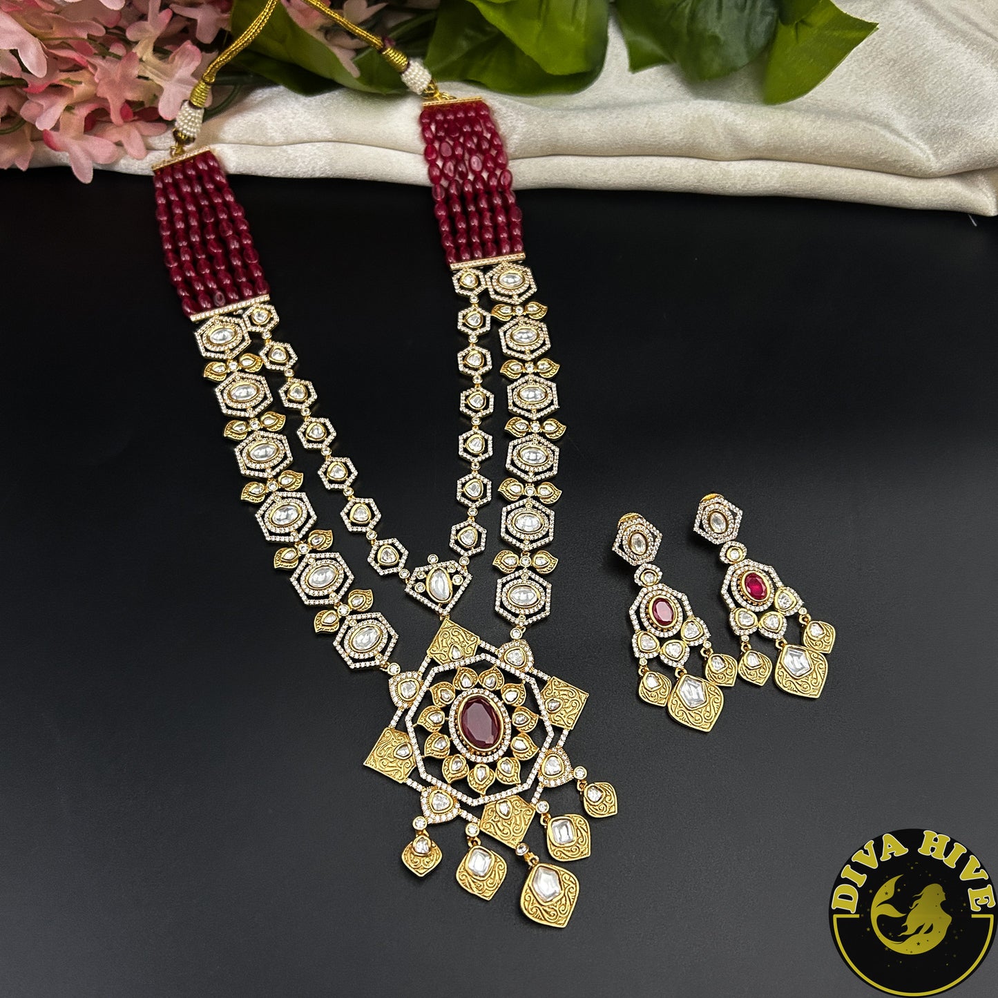 Noor Gold Plated Moissanite Polki Necklace Set