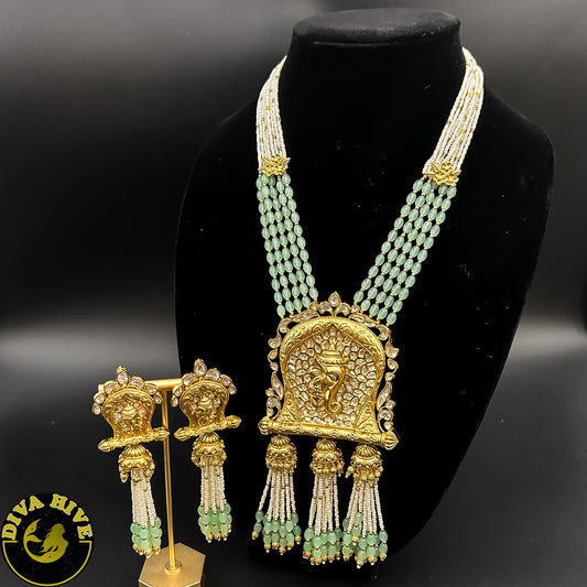 Long Statement Figure Necklace | Ganpati Pendant and Jhumka - Necklace -Diva Exclusive, Figure, Kundan, Necklace - Divahive