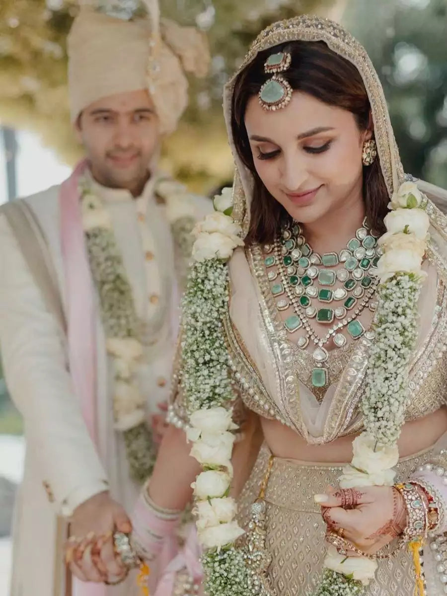 Parineeti Chopra wedding | Bollywood Wedding Bridal Set | Multi tiered uncut Necklace set - Necklace -Bridal, Diva Exclusive, Doublet, featured, moissanite, Necklace, Polki, semi bridal - Divahive