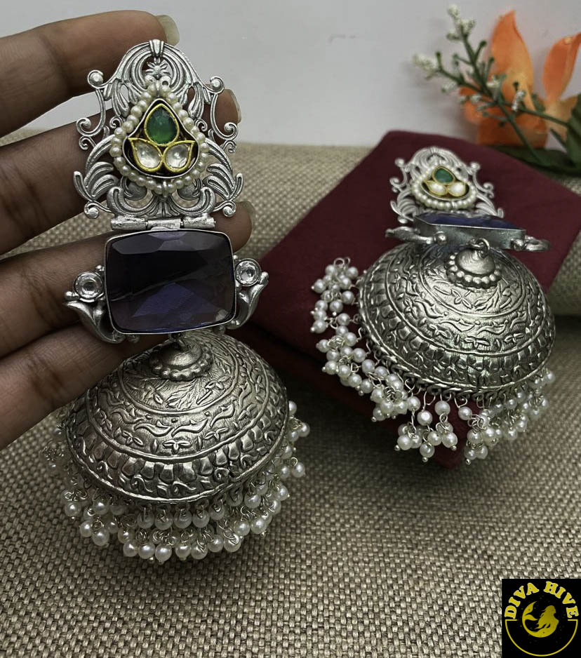 Silver Designer Jhumka - Earring -925Silver, Silver - Divahive