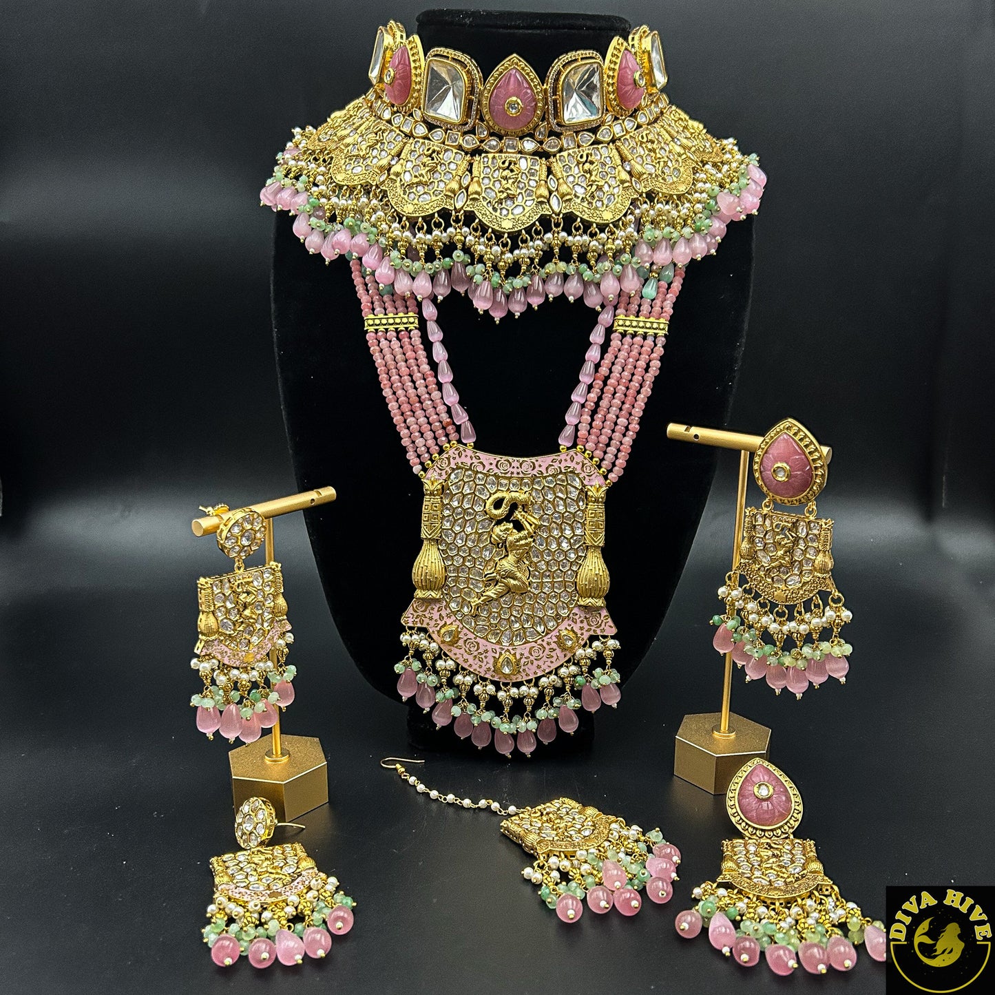 Meena Kundan Enameled bridal Set | Choker and Long Necklace - Necklace -Bridal, Choker, Figure, Kundan, Mint, Necklace, Pink - Divahive