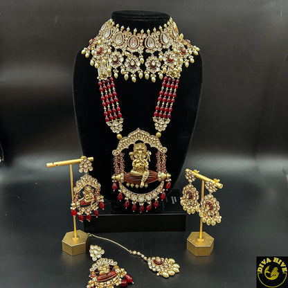 Premium Bridal Set | Gold polish | Long Necklace Ganesha Pendent - Necklace -Bridal, Choker, Kundan, Necklace, Ruby - Divahive