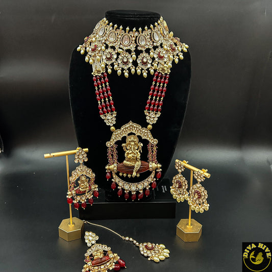 Premium Bridal Set | Gold polish | Long Necklace Ganesha Pendent - Necklace -Bridal, Choker, Kundan, Necklace, Ruby - Divahive